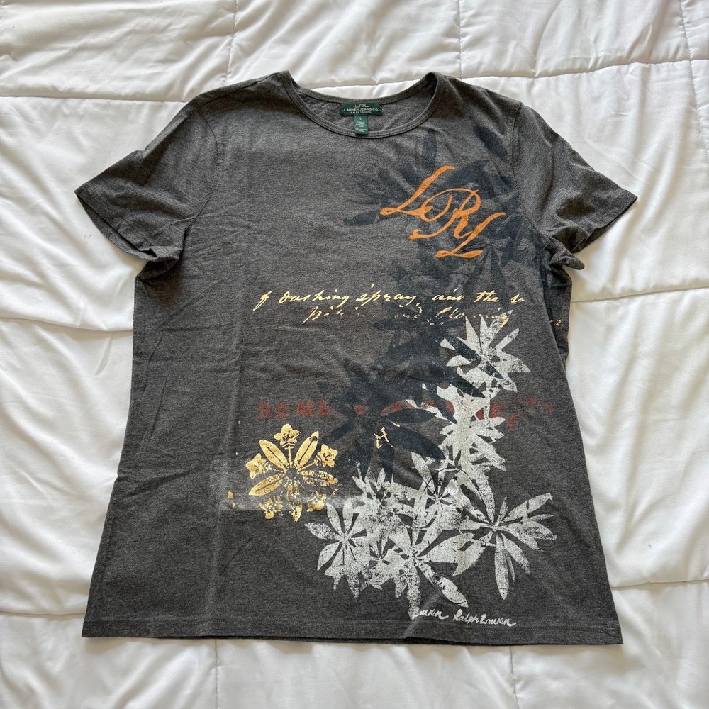 Vintage Y2K Lauren Ralph Lauren Gray Floral T-Shirt Tee Womens Large 100% Cotton